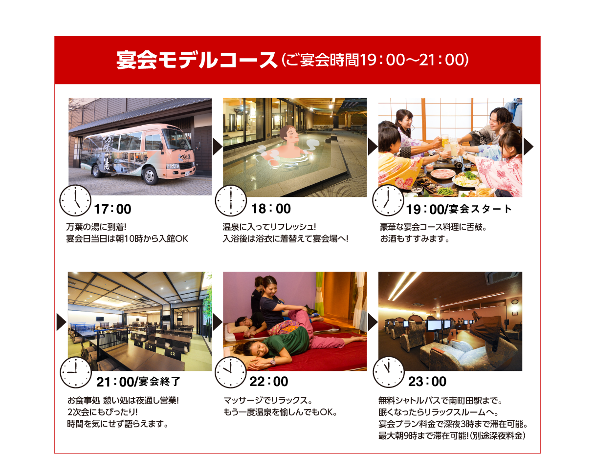 ・万葉の湯に到着!宴会日当日は朝10時から入館OK・温泉に入ってリフレッシュ!入浴後は浴衣に着替えて宴会場へ!・豪華な宴会コース料理に舌鼓。お酒もすすみます。・お食事処 憩い処は夜通し営業!2次会にもぴったり!時間を気にせず語らえます。・マッサージでリラックス。もう一度温泉を愉しんでもOK。・無料シャトルバスで南町田駅まで。眠くなったらリラックスルームへ。宴会プラン料金で深夜3時まで滞在可能。最大朝9時まで滞在可能!(別途深夜料金)