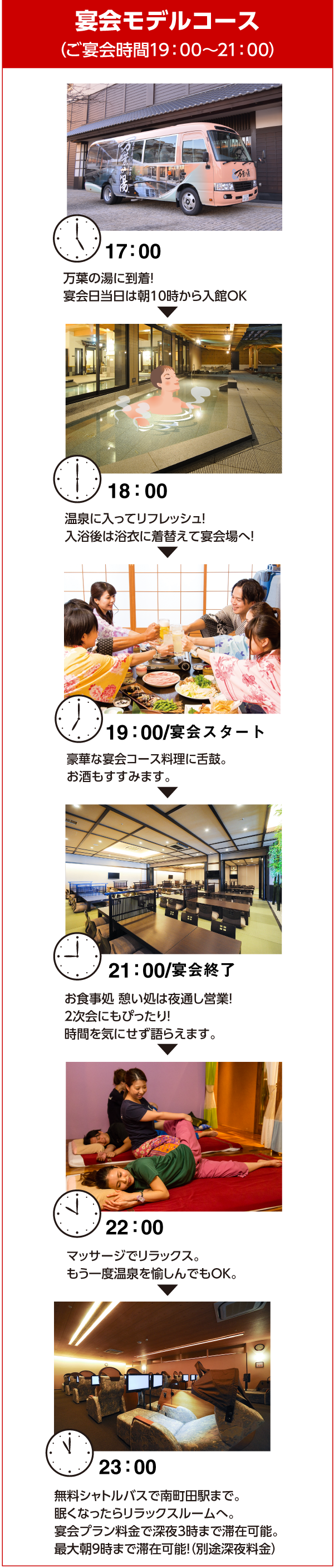 ・万葉の湯に到着!宴会日当日は朝10時から入館OK・温泉に入ってリフレッシュ!入浴後は浴衣に着替えて宴会場へ!・豪華な宴会コース料理に舌鼓。お酒もすすみます。・お食事処 憩い処は夜通し営業!2次会にもぴったり!時間を気にせず語らえます。・マッサージでリラックス。もう一度温泉を愉しんでもOK。・無料シャトルバスで南町田駅まで。眠くなったらリラックスルームへ。宴会プラン料金で深夜3時まで滞在可能。最大朝9時まで滞在可能!(別途深夜料金)
