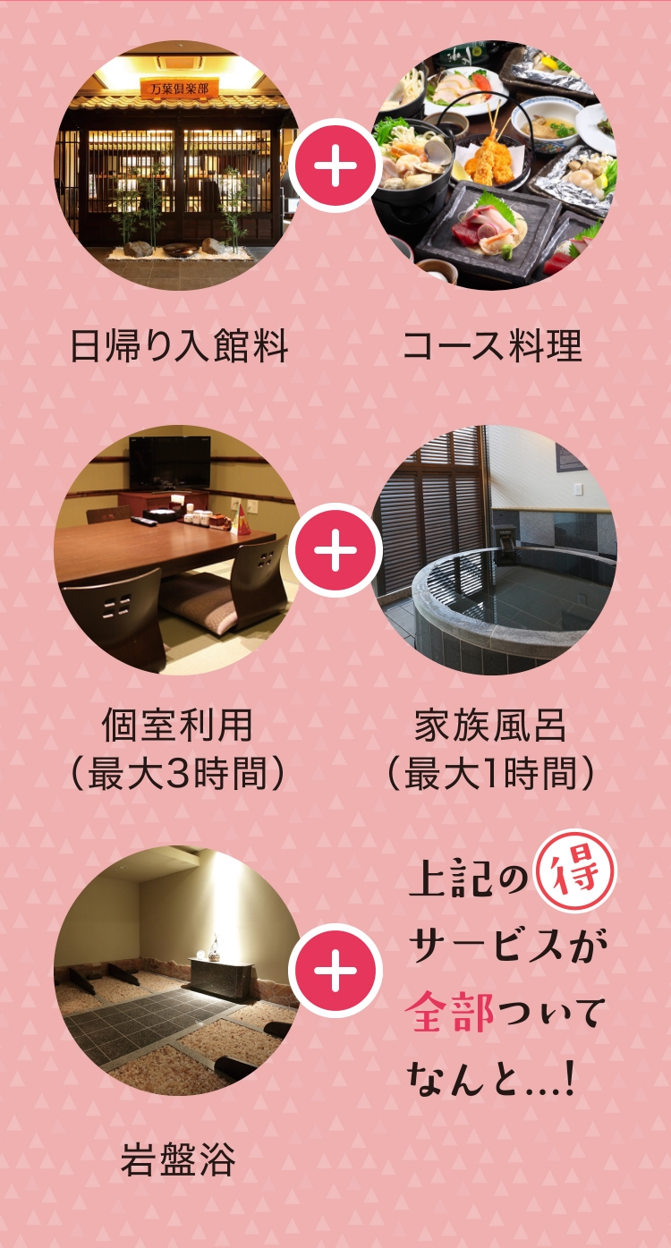 のんびりプランは日帰り入館料、コース料理、個室利用、家族風呂、岩盤浴のサービスがすべてセットになったお得なプランです。
