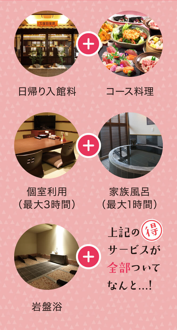 のんびりプランは日帰り入館料、コース料理、個室利用、家族風呂、岩盤浴のサービスがすべてセットになったお得なプランです
