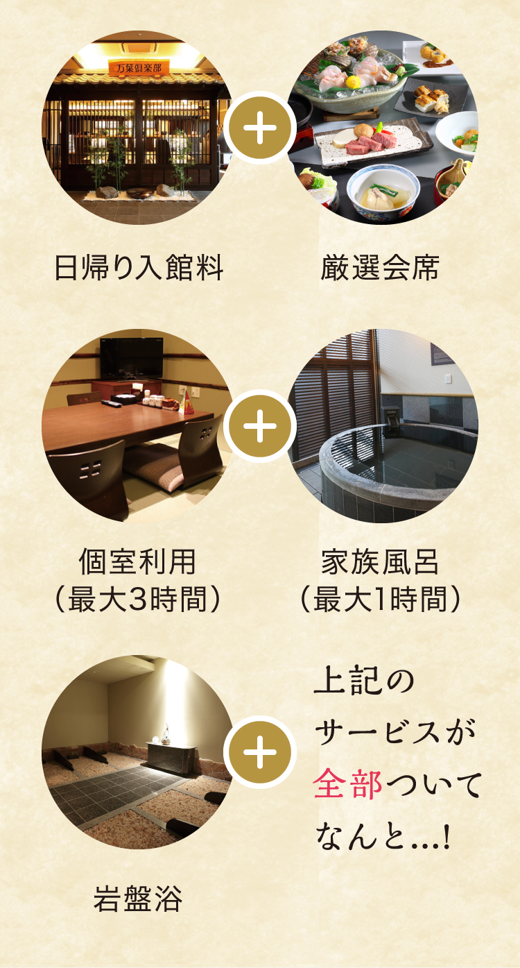 のんびりプランは日帰り入館料、コース料理、個室利用、家族風呂、岩盤浴のサービスがすべてセットになったお得なプランです。