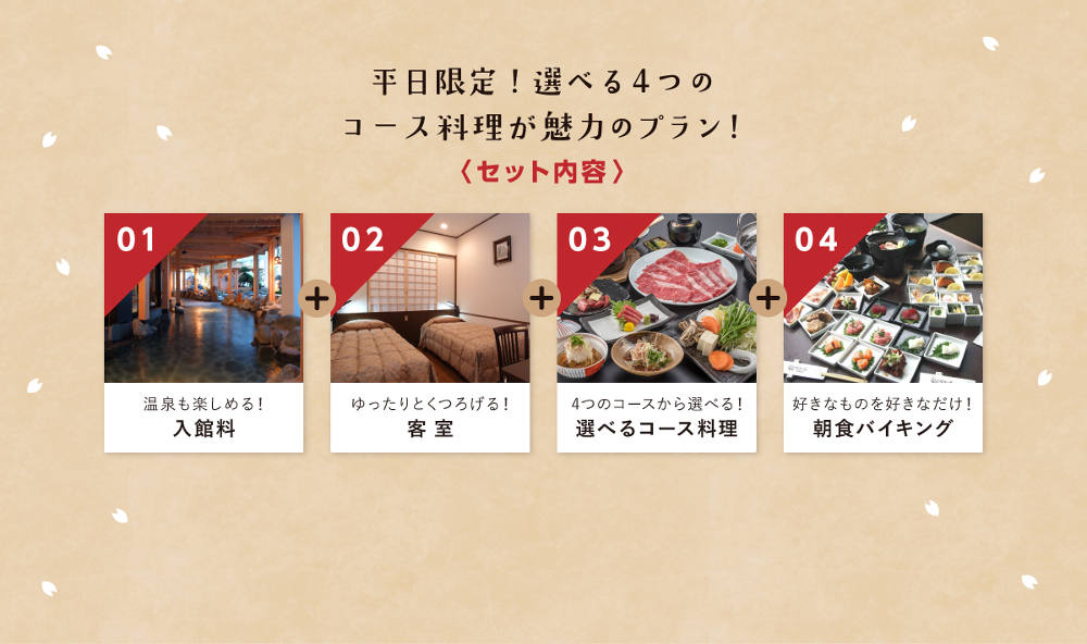 入館料・客室・選べるコース料理・朝食バイキングの平日限定セット内容